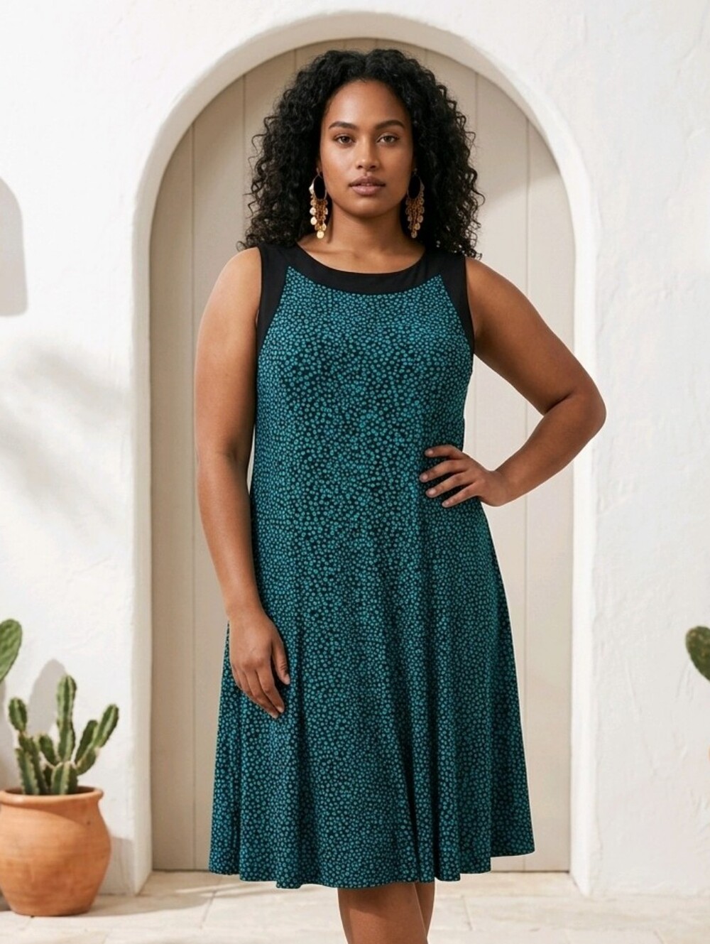 Marianne Sleeveless Teal & Black Jersey Printed Fit & Flare Dress Plus Size 2X